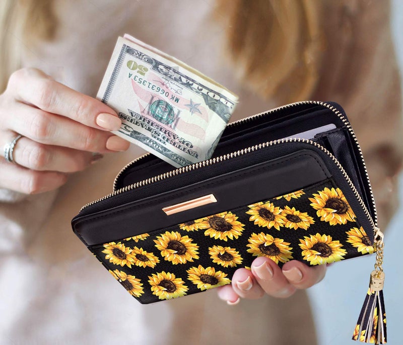 Coco Rossi Women Wallets Multi Card Case Wallet Clutch Wallet Card Holder Organizer Ladies Purse Floral Tassel Wrist strap Purse,Sunflower - Image 5